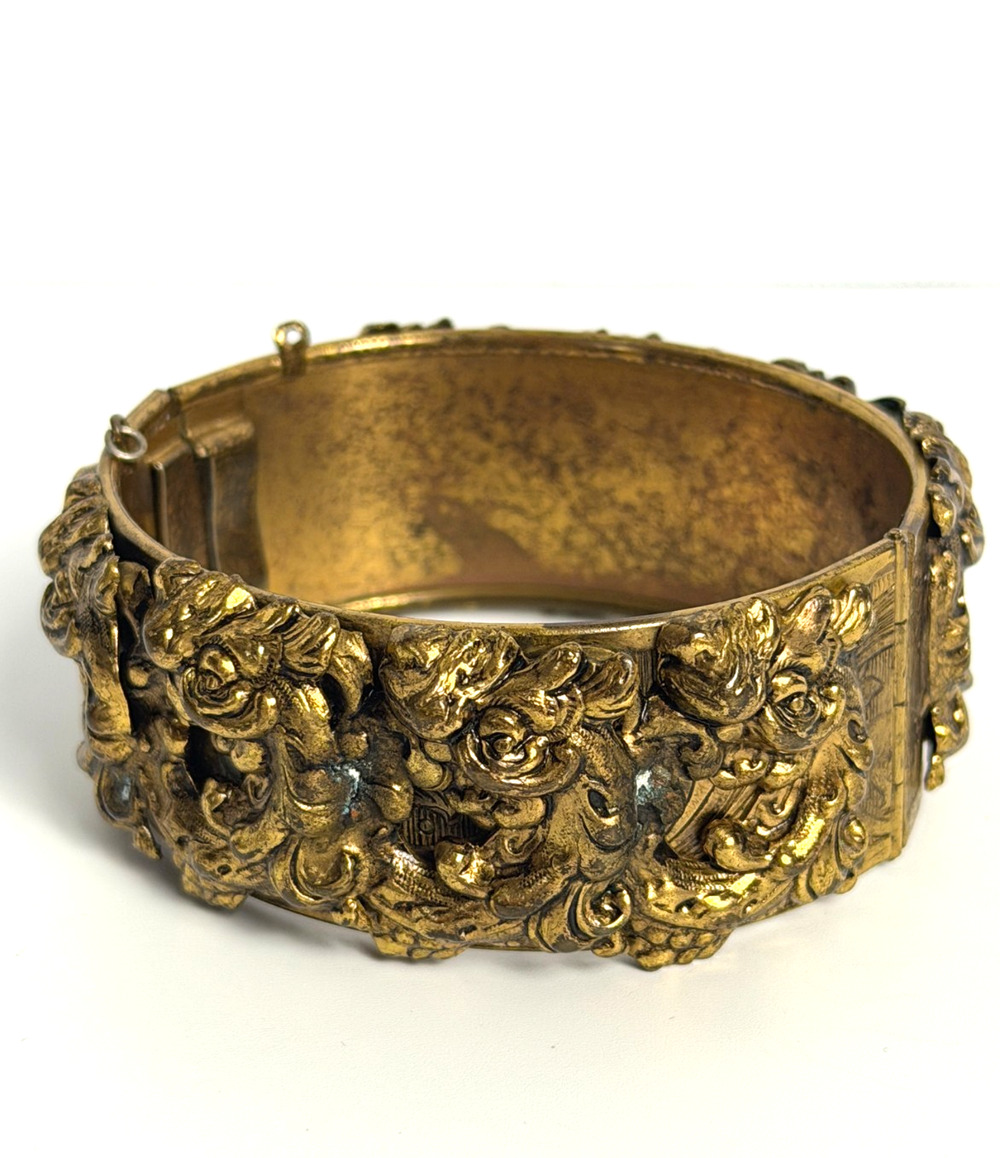 Antique Renaissance Revival Gilt Brass Hinged Cuff Bracelet Grotesque Ornate